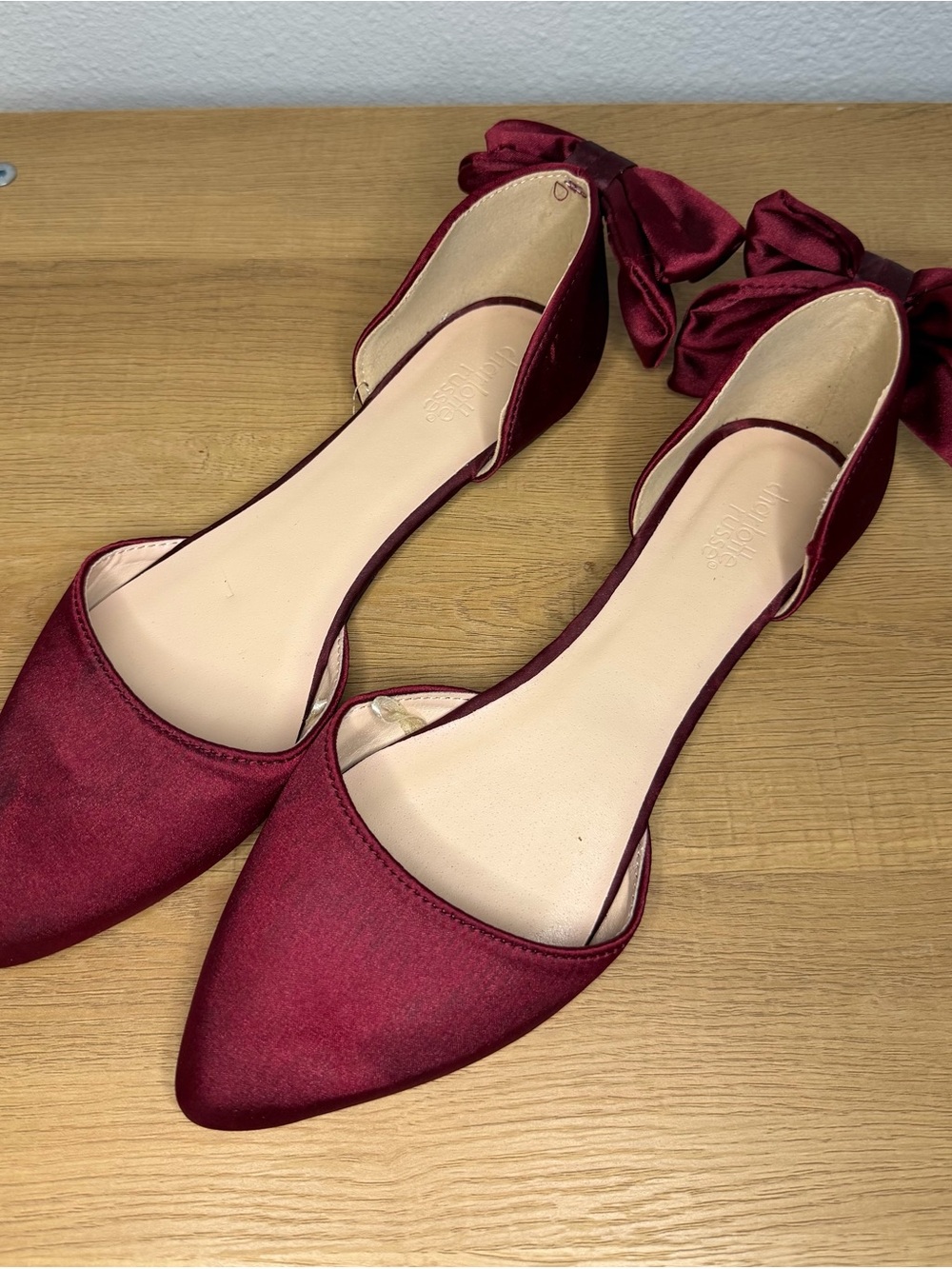 Charlotte Russe Burgundy Satin D'Orsay Flats with Ankle Bows